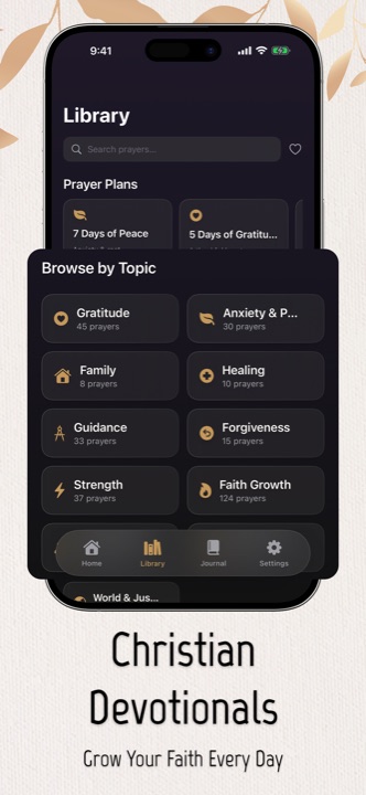 Christian devotionals library with prayer plans and topics like gratitude, anxiety and healing